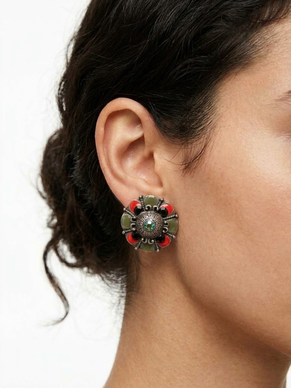 Chico's Olive Green and Red Floral Medallion Earrings